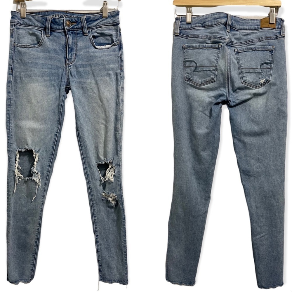 AEO Jegging Destroyed Denim Blue Leggings Medium Wash Womens 4